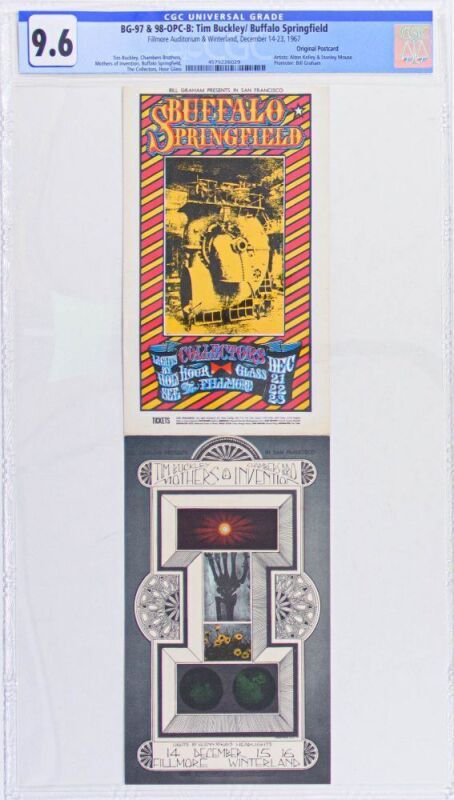 1967 BG-97 & 98 Frank Zappa Buffalo Springfield Hour Glass Winterland & Fillmore Double Postcard CGC 9.6