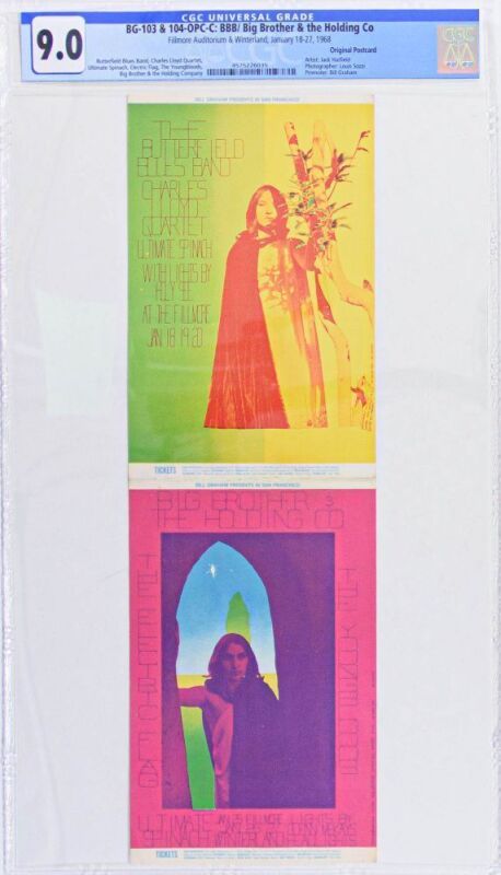 1968 BG-103 & 104 The Butterfield Blues Band Big Brother & The Holding Company Winterland & Fillmore Auditorium Double Postcard CGC 9.0