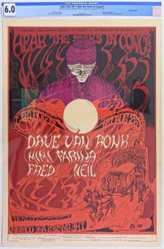 1967 AOR-2.262 Greg Irons Dave Van Ronk Mimi Farina Berkeley Community Theater & SF Masonic Auditorium Poster CGC 6.0