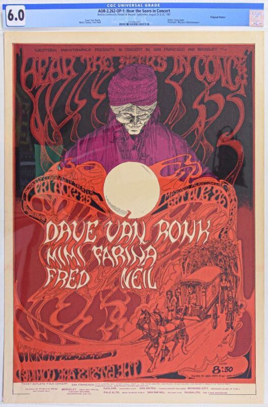 1967 AOR-2.262 Greg Irons Dave Van Ronk Mimi Farina Berkeley Community Theater & SF Masonic Auditorium Poster CGC 6.0