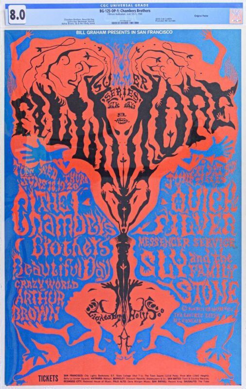 1968 BG-125 Chambers Brothers Quicksilver Sly & The Family Stone Fillmore Auditorium Poster CGC 8.0