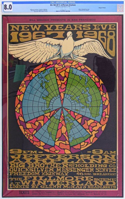 1967 BG-100 Jefferson Airplane Big Brother Janis Joplin New Years Eve Winterland Poster CGC 8.0