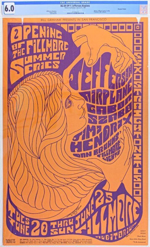 1967 BG-69 Jimi Hendrix Jefferson Airplane Fillmore Auditorium Poster CGC 6.0