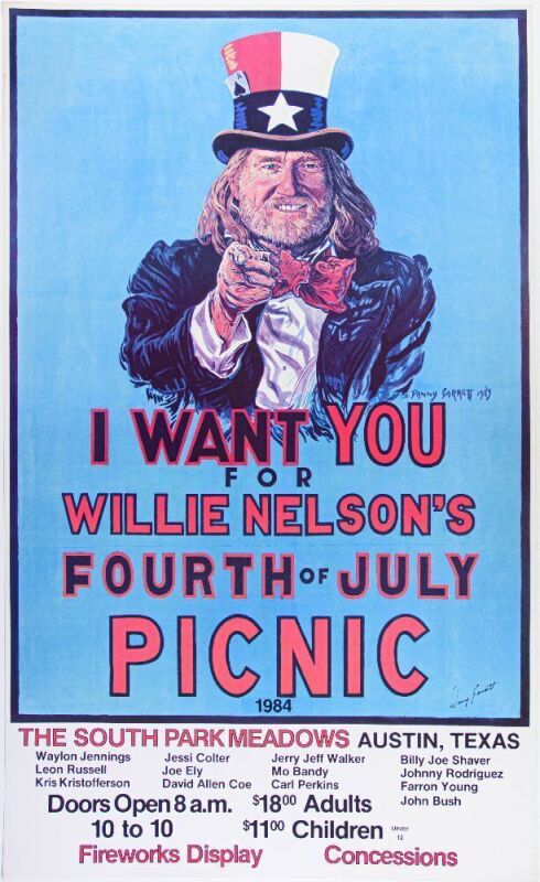1984 Danny Garrett Willie Nelson The 4th of July Picnic South Park Meadows Austin Signed Garrett Poster Near Mint 81