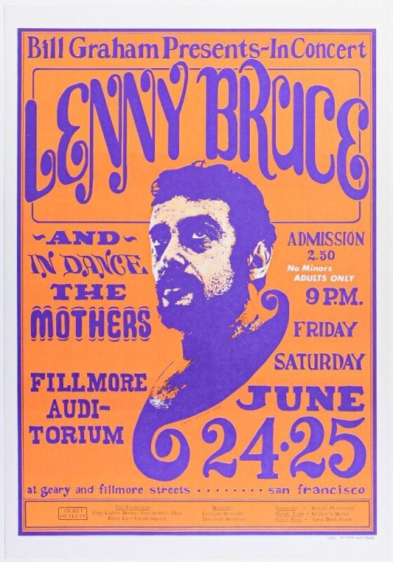 1966 BG-13 Lenny Bruce Frank Zappa The Mothers Fillmore Auditorium RP3 Poster Near Mint 87