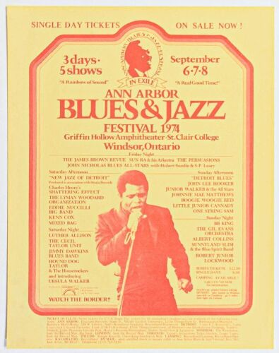 1974 James Brown Sun Ra B.B. King John Lee Hooker The Ann Arbor Blues & Jazz Festival Ontario Handbill Near Mint 89