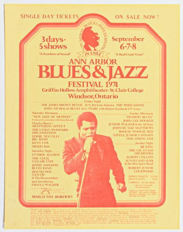 1974 James Brown Sun Ra B.B. King John Lee Hooker The Ann Arbor Blues & Jazz Festival Ontario Handbill Near Mint 89