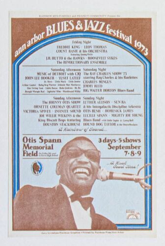 1973 Gary Grimshaw Ray Charles Ann Arbor Blues & Jazz Festival Otis Spann Memorial Field Handbill Mint 90
