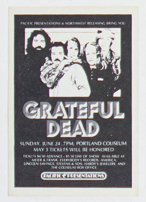 1973 Grateful Dead Portland Coliseum Handbill Near Mint 87