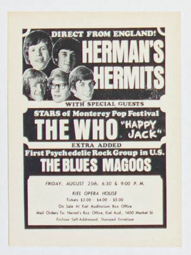 1967 The Who Herman's Hermits Kiel Auditorium Saint Louis Handbill Near Mint 87