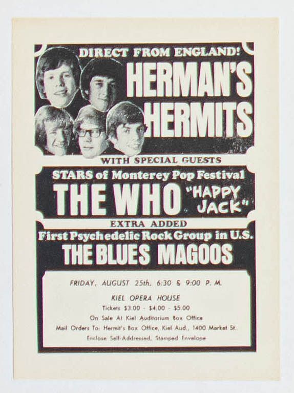 1967 The Who Herman's Hermits Kiel Auditorium Saint Louis Handbill Near Mint 87