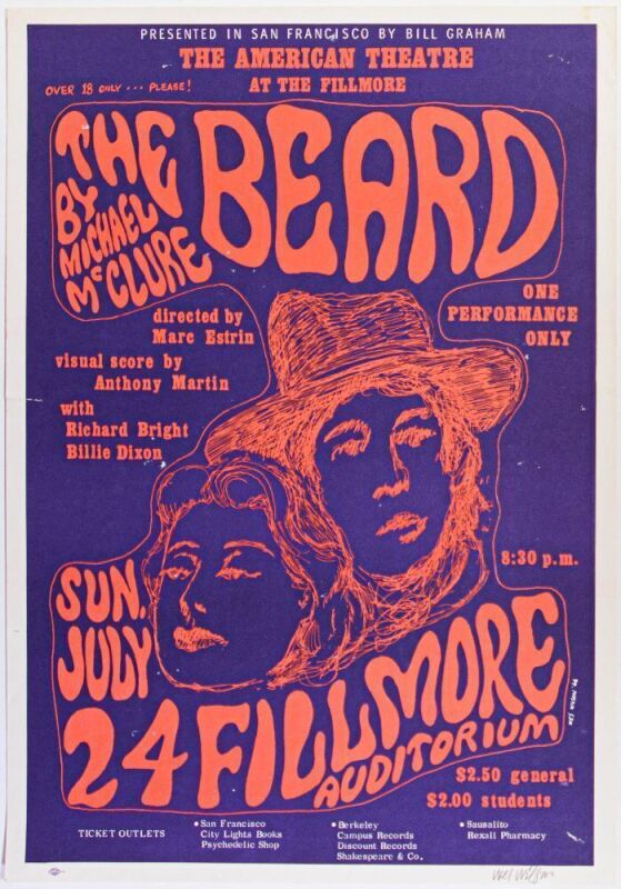 1966 BG-19 Michael McClure The Beard Fillmore Auditorium Signed Wilson Poster Excellent 73