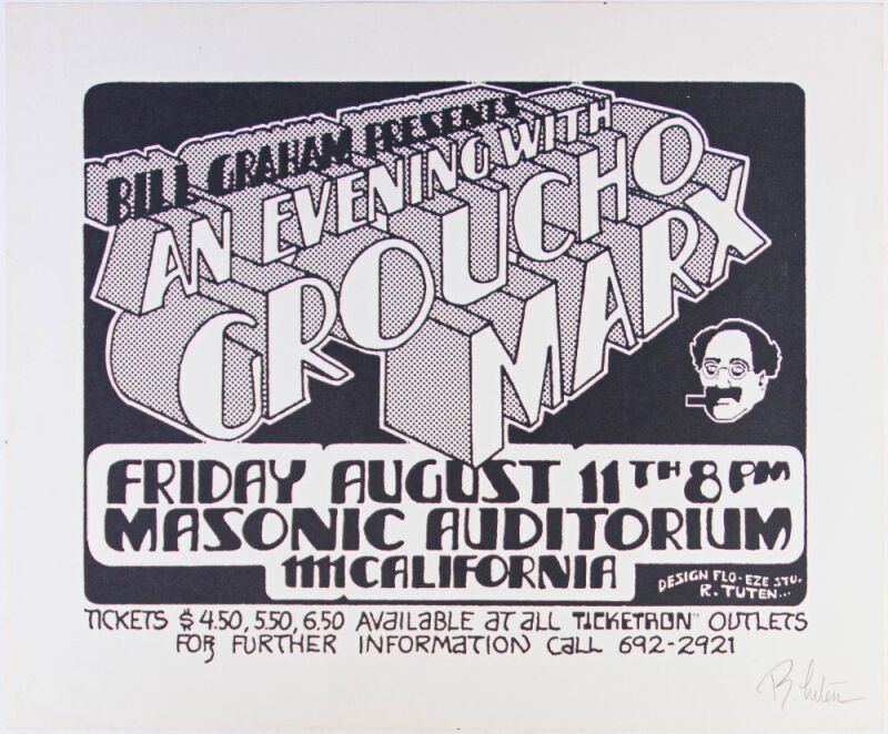 1972 An Evening With Groucho Marx Signed Tuten Poster Excellent 79