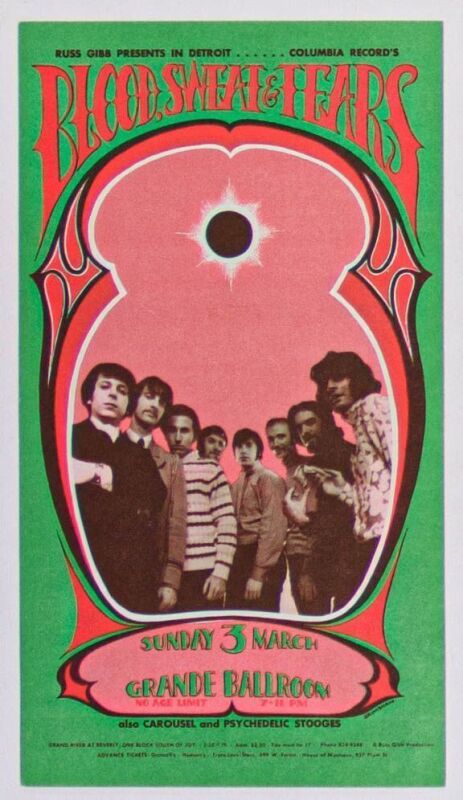 1968 G/G-680303 Blood Sweat and Tears The Stooges Grande Ballroom Detroit Postcard Near Mint 81