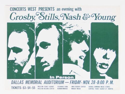 1969 Crosby Stills Nash Young The Dallas Memorial Auditorium Flyer Extra Fine 69