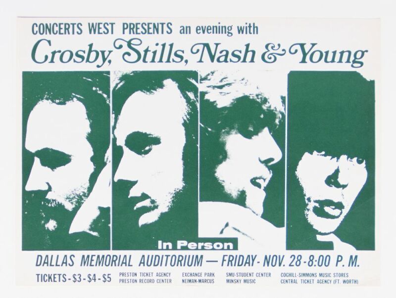 1969 Crosby Stills Nash Young The Dallas Memorial Auditorium Flyer Extra Fine 69