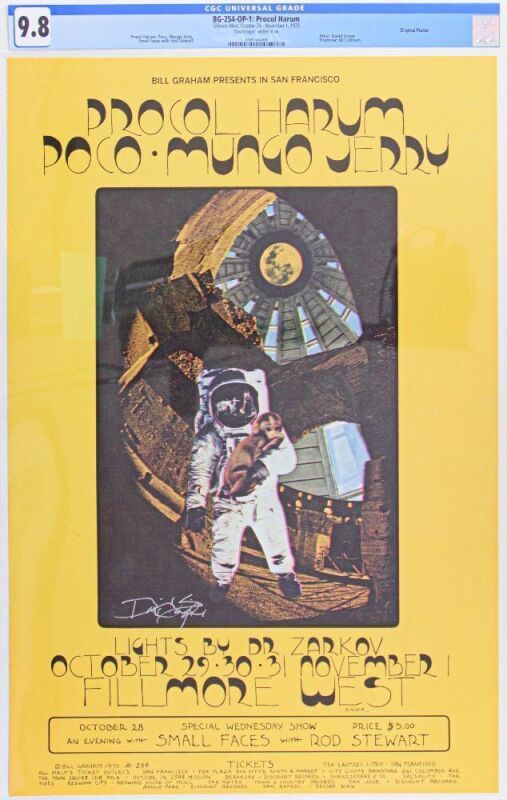 1970 BG-254 Procol Harum Poco Small Faces Rod Stewart Fillmore West Signed Singer Poster CGC 9.8