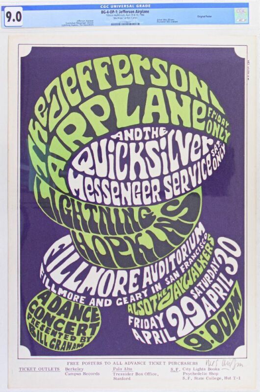 1966 BG-4 Jefferson Airplane Quicksilver Messenger Service Fillmore Auditorium Signed Wilson Poster CGC 9.0