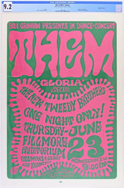1966 BG-12 Them with Van Morrison Fillmore Auditorium RP2 Poster CGC 9.2