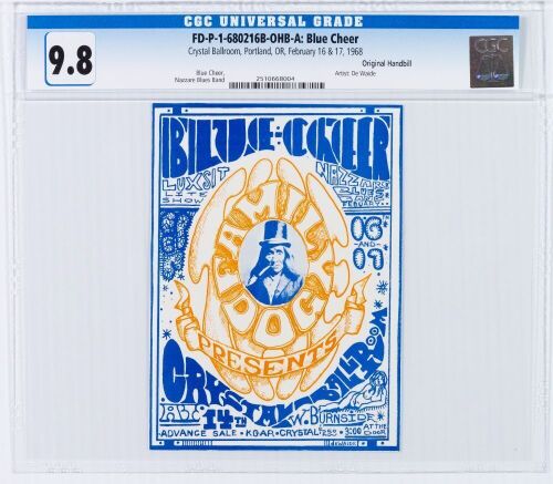1968 FD-P-1-680216B Blue Cheer The Crystal Ballroom Portland Handbill CGC 9.8