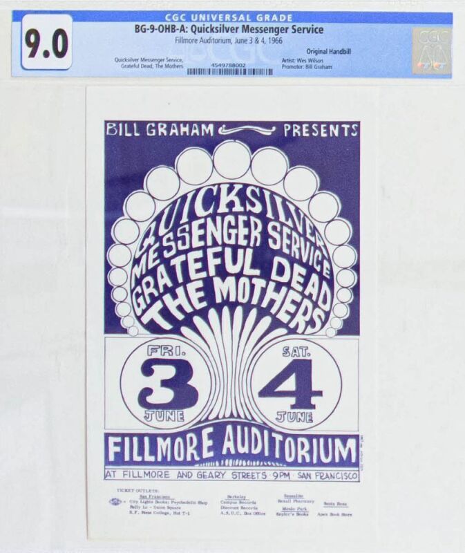 1966 BG-9 Grateful Dead Zappa The Mothers Fillmore Auditorium Handbill CGC 9.0