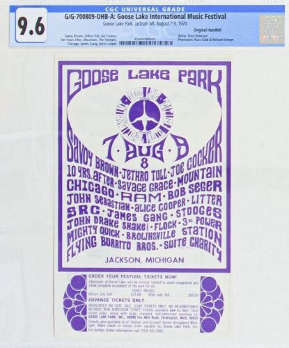 1970 G/G-700809 Alice Cooper James Gang The Stooges Goose Lake Music Festival Handbill CGC 9.6