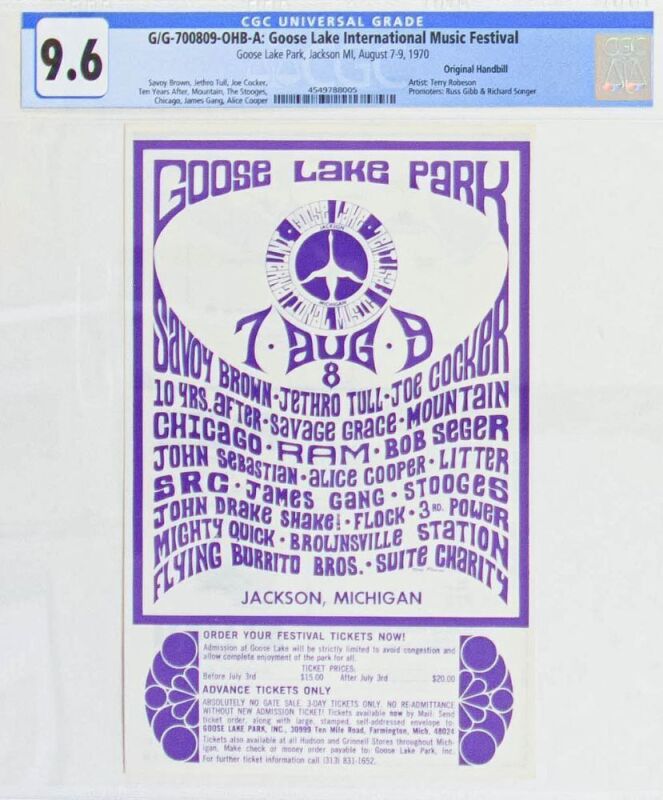 1970 G/G-700809 Alice Cooper James Gang The Stooges Goose Lake Music Festival Handbill CGC 9.6