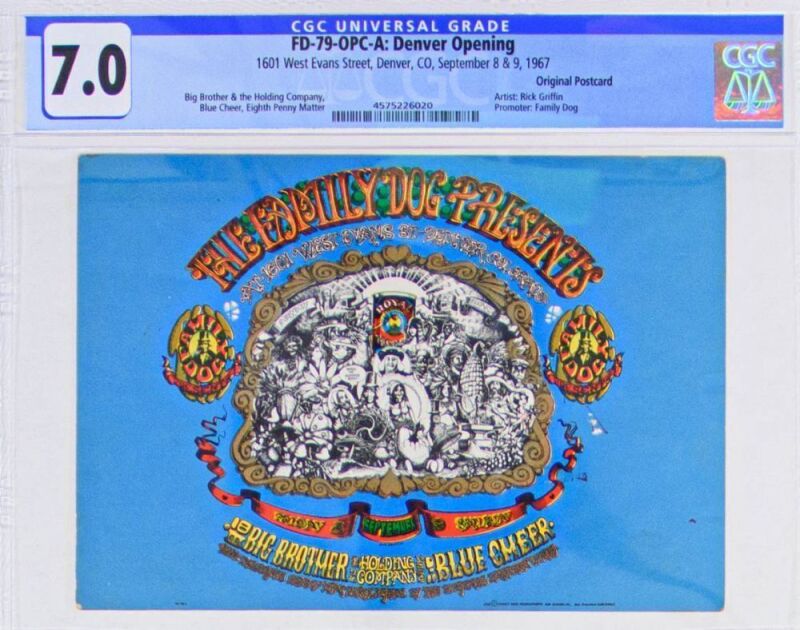 1967 FD-79 Big Brother Janis Joplin Blue Cheer 1601 W Evans Street Denver Postcard CGC 7.0