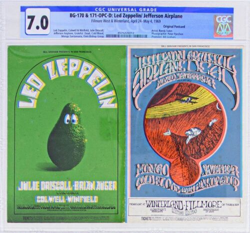 1969 BG-170 & 171 Led Zeppelin Jefferson Airplane, Grateful Dead Fillmore West & Winterland Double Postcard CGC 7.0