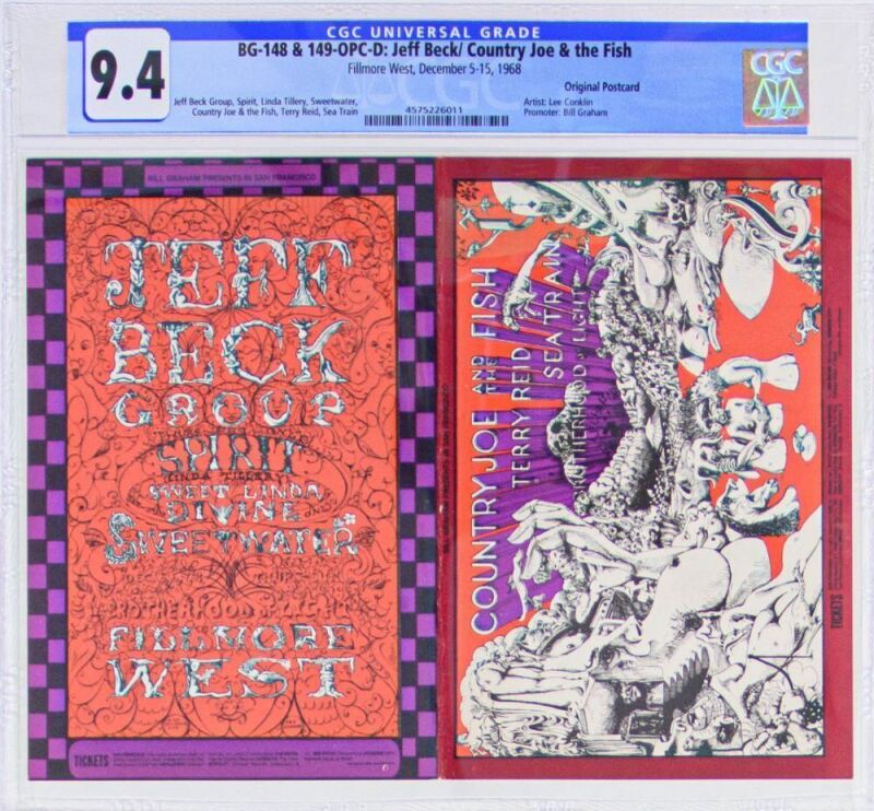 1968 BG-148 & 149 The Jeff Beck Group Spirit Country Joe & the Fish Fillmore West Double Postcard CGC 9.4