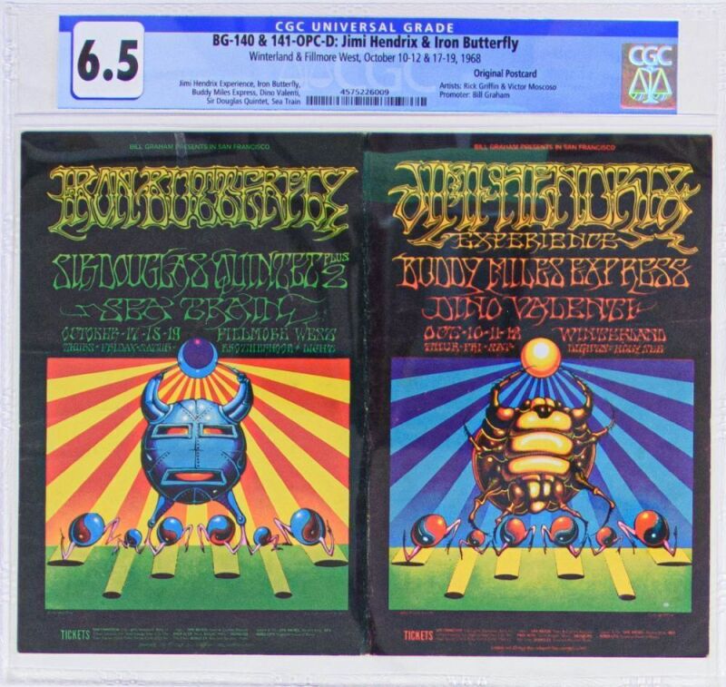 1968 BG-140 & 141 Jimi Hendrix Experience Iron Butterfly Winterland & Fillmore West Double Postcard CGC 6.5