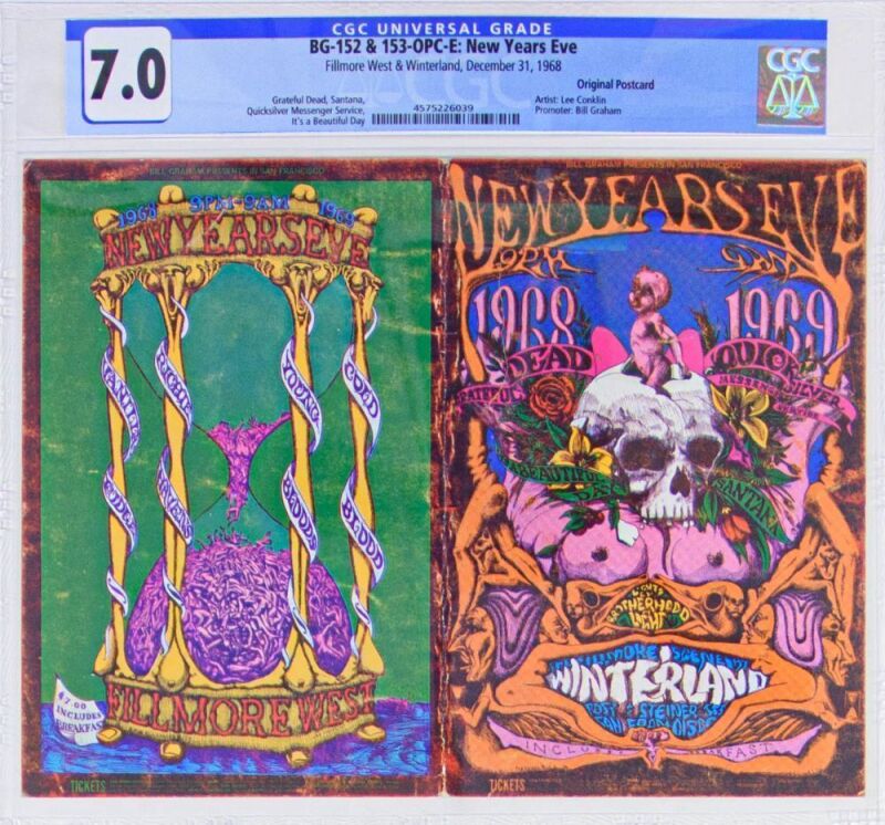 1968 BG-152 & 153 Grateful Dead Santana Vanilla Fudge Richie Havens NYE Winterland & Fillmore West Double Postcard CGC 7.0