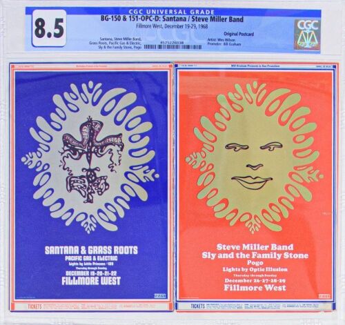 1968 BG-150 & 151 Santana Steve Miller Band Fillmore West Double Postcard CGC 8.5
