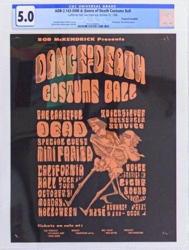 1966 AOR-2.143 Grateful Dead California Hall Halloween Dance of Death Handbill CGC 5.0