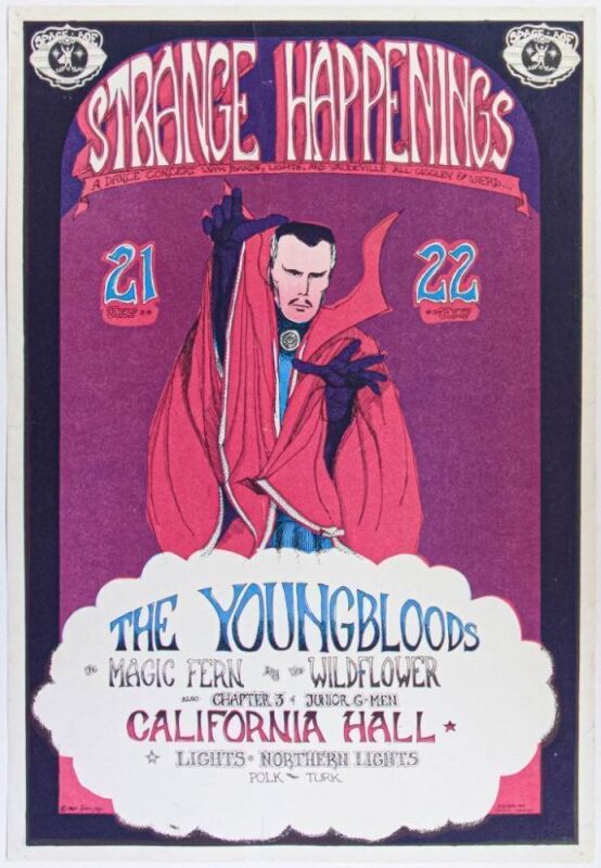 1967 AOR-2.140 Greg Irons Strange Happenings The Youngbloods California Hall Poster Excellent 70