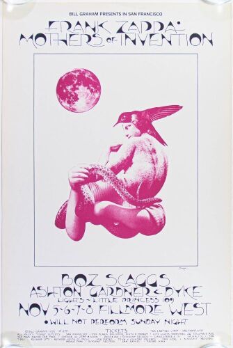 1970 BG-255 Frank Zappa & Mothers of Invention Boz Scaggs Fillmore West Poster Excellent 77