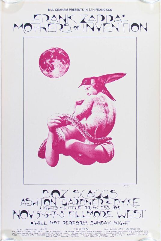 1970 BG-255 Frank Zappa & Mothers of Invention Boz Scaggs Fillmore West Poster Excellent 77