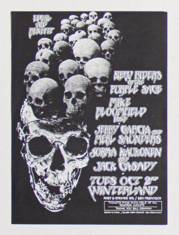1973 Jerry Garcia Merl Saunders NRPS Hells Angels Legal Aid Benefit Handbill Near Mint 81