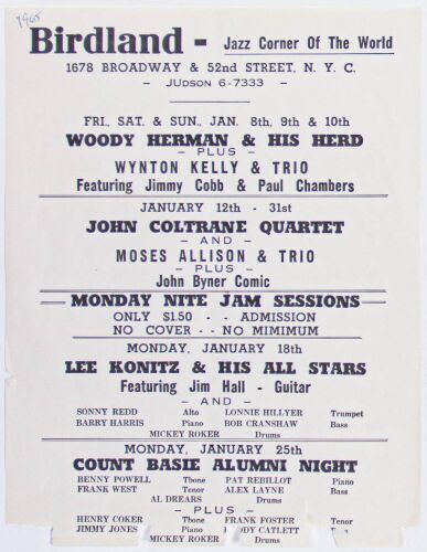 1965 John Coltrane Quartet Count Basie Woody Herman Birdland Jazz Club New York Flyer Extra Fine 63