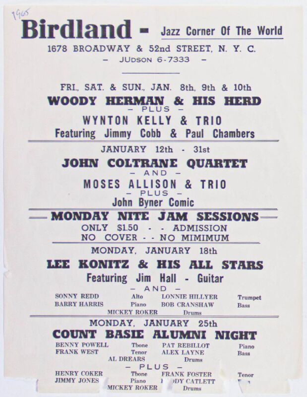 1965 John Coltrane Quartet Count Basie Woody Herman Birdland Jazz Club New York Flyer Extra Fine 63