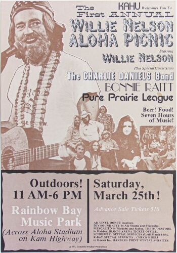 1978 1st Annual Willie Nelson Aloha Picnic Rainbow Bay Music Park Hawaii Poster Near Mint 83