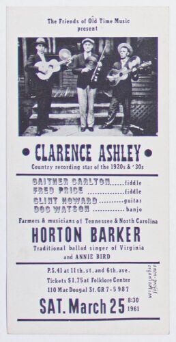 1961 Clarence Ashley Doc Watson P.S. 41 Greenwich Village Handbill Near Mint 87