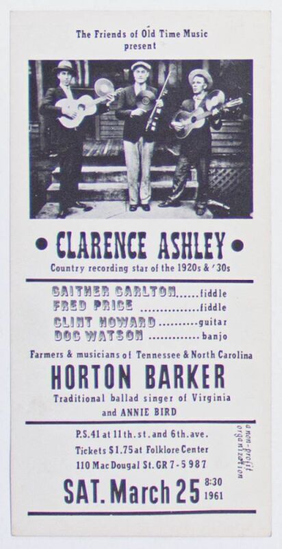 1961 Clarence Ashley Doc Watson P.S. 41 Greenwich Village Handbill Near Mint 87