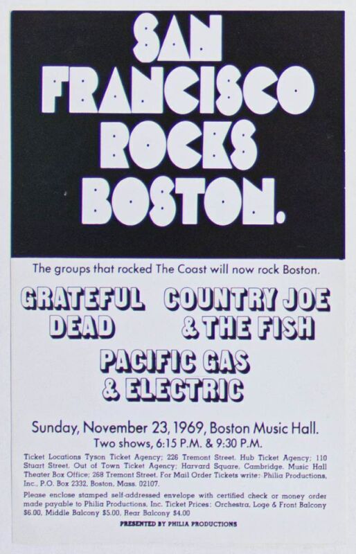 1969 Grateful Dead Boston Music Hall Handbill Near Mint 89