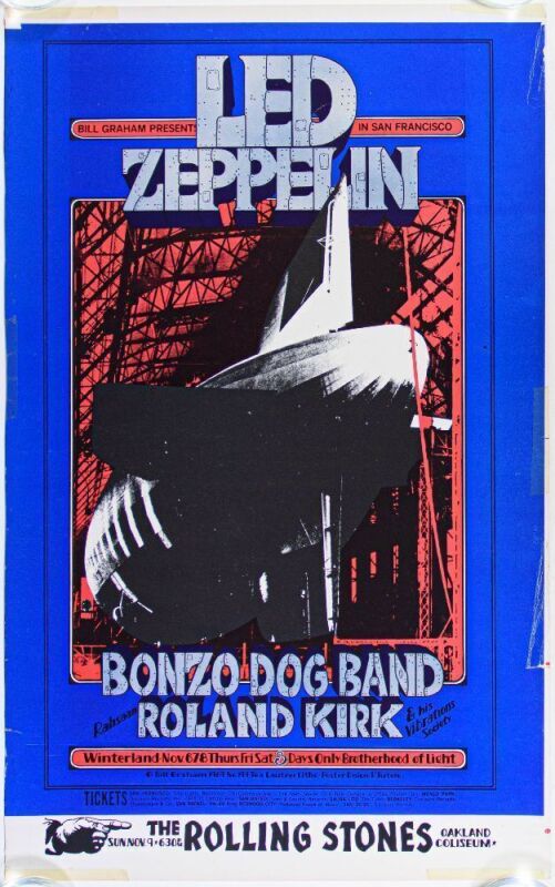 1969 BG-199 Led Zeppelin Rolling Stones Winterland & Oakland Coliseum Poster Extra Fine 65