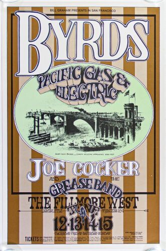 1969 BG-177 The Byrds Joe Cocker Fillmore West Poster Near Mint 85