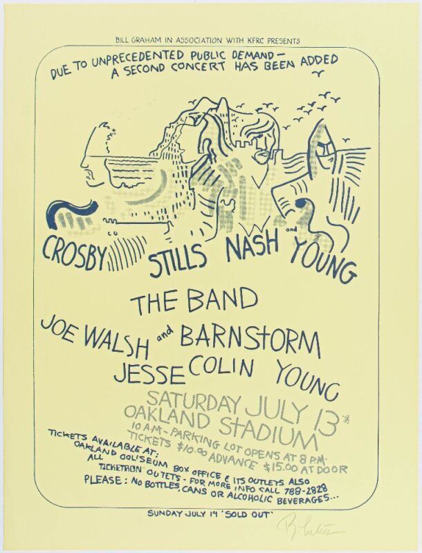 1974 Crosby Stills Nash & Young The Band Joe Walsh Oakland Stadium Signed Tuten Poster Near Mint 89
