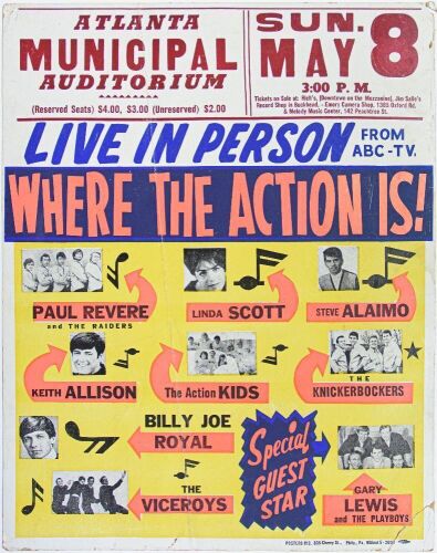 1966 Paul Revere and the Raiders Atlanta Municipal Auditorium Cardboard Poster Extra Fine 63