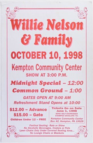 1998 Willie Nelson & Family Kempton Community Center Poster Excellent 70