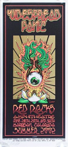 2002 Widespread Panic Red Rocks Amphitheatre AP Signed Tidwell and Wood Poster Near Mint 89